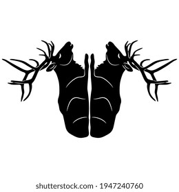 
Symmetrical design with two antlered elks or deer. Black and white silhouette.