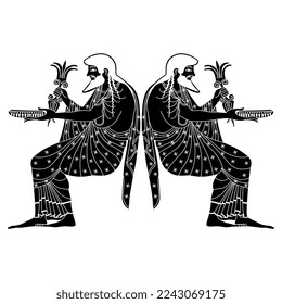 Symmetrical design with two bearded seated ancient Greek men. God Zeus or Jupiter. Black and white silhouette.
