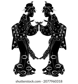 Symmetrical design with two beautiful Japanese women in kimono. Traditional style. Isolated vector illustration. Black and white negative silhouette.