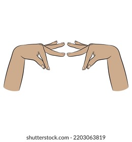 Symmetrical design with two beautiful raised up female hands in elegant pinch gesture. Dancer fingers. Cartoon style. Isolated vector illustration.