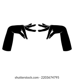 Symmetrical design with two beautiful raised up female hands in elegant pinch gesture. Dancer fingers. Black and white negative silhouette. Isolated vector illustration.