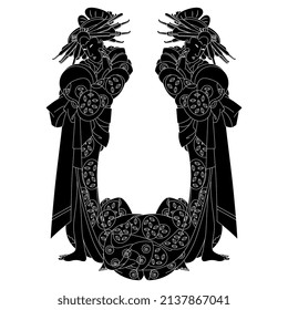 Symmetrical design with two beautiful standing Japanese women in kimono. Traditional oriental style. Black and white negative silhouette.
