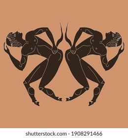 Symmetrical design with two dancing ancient Greek satyrs. Vase painting style. Monochrome silhouette.