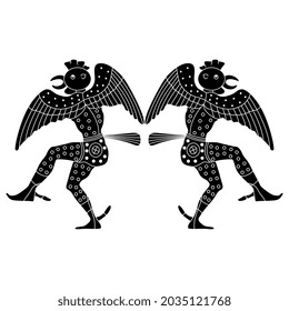 Symmetrical design with two dancing Ancient Greek men in rooster costumes. Fantastic winged anthropomorphic bird character. Black and white negative silhouette.