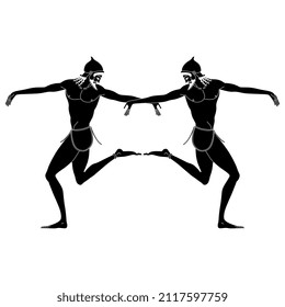 Symmetrical design with two dancing ancient Greek men. Vase painting style. Black and white negative silhouette. Isolated vector illustration.