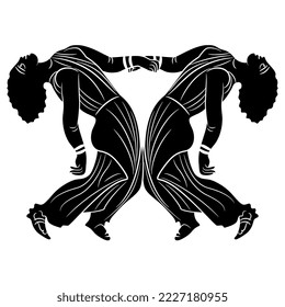 Diseño simétrico con dos antiguas mujeres griegas bailadoras. Las ménades en trance. Estilo de pintura de malla. Silueta negativa en blanco y negro. Ilustración vectorial aislada.
