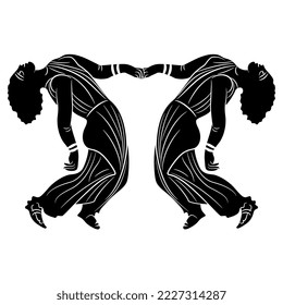Diseño simétrico con dos antiguas mujeres griegas danzantes tomándose de la mano. Las ménades en trance. Estilo de pintura de malla. Silueta negativa en blanco y negro. Ilustración vectorial aislada.
