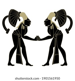 Symmetrical design with two dancing Indian men. Native American Indigenous Mayan art. Monochrome black and gold silhouette.