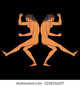 Symmetrical design with two dancing naked ancient Greek woman back to back. Vase painting style. On black background.