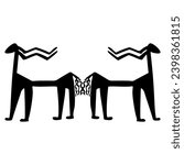 Symmetrical design with two fantastic animals. Ancient Mesopotamian antelope. Ninevite Assyrian art. Black silhouette on white background.