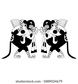 Symmetrical design with two fantastic animals. Angry anthropomorphic jaguar. Black and white silhouette. Native American art of Maya Indians.