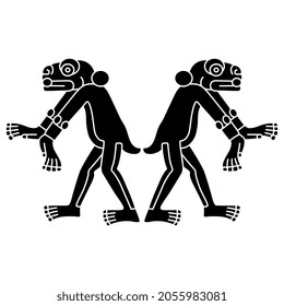 Symmetrical design with two fantastic animals. Native American design of Aztec Indians from Mexican codex. Jaguar or monkey. Black and white negative silhouette.