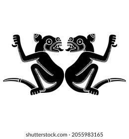 Symmetrical design with two fantastic animals. Stylized jaguar. Native American art of Aztec Indians from Mexican codex. Black and white negative silhouette.