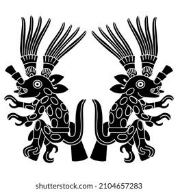 Symmetrical design with two fantastic animals. Native American pre-Columbian art of Aztec Indians. Spotted plume jaguar. Mythological creature. Black and white silhouette.	