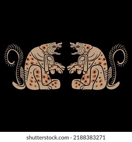 Symmetrical design with two fantastic animals. Native American art of Maya Indians. On black background.