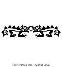 Symmetrical design with two fantastic animals. Native American art of Moche Indians from ancient Peru. Black and white silhouette.