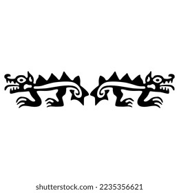 Symmetrical design with two fantastic animals. Native American art of Moche Indians from ancient Peru. Black and white silhouette.