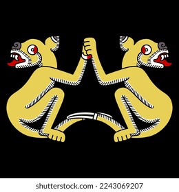 Symmetrical design with two fantastic animals. Stylized jaguars. Native American art of Aztec Indians from Mexican codex. On black background. 