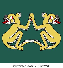 Symmetrical design with two fantastic animals. Stylized jaguars. Native American art of Aztec Indians from Mexican codex. On green background.