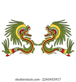 Symmetrical design with two fantastic animals. Quetzalcoatl Feathered Serpent. Mexican codex. Ethnic Native American art. Mythology of Aztec Indians. Isolated vector illustration.