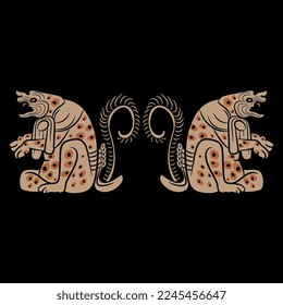 Symmetrical design with two fantastic animals. Native American art of Maya Indians. On black background.