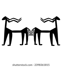 Symmetrical design with two fantastic animals. Ancient Mesopotamian antelope. Ninevite Assyrian art. Black silhouette on white background.