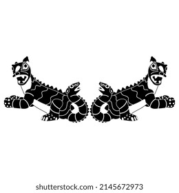 Symmetrical design with two fantastic cats with snake or dragon tails. Black and white silhouette. Native American art of Mochica or Moche Indians from ancient Peru.