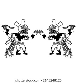 Symmetrical design with two fantastic characters. Snake man. Native American art of Mochica or Moche Indians. Black and white silhouette.