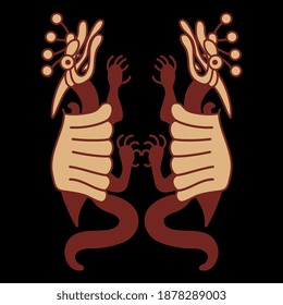 Symmetrical design with two fantastic dragons. Native American art of Moche Indians. Monster animal. Moche mythology of ancient Peru.