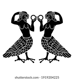 Symmetrical design with two fantastic female lady birds. Siren or harpy. Medieval European illuminated manuscript motif. Black and white silhouette.