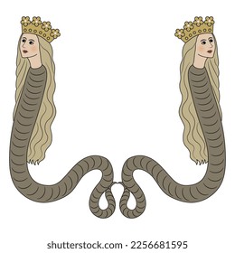 Symmetrical design with two fantastic female snakes in royal crowns. Medieval illuminated manuscript motif. Mythological creature. Lilith or Lamia.