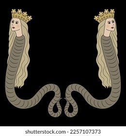 Symmetrical design with two fantastic female snakes in royal crowns. Medieval illuminated manuscript motif. Mythological creature. Lilith or Lamia. On black background.