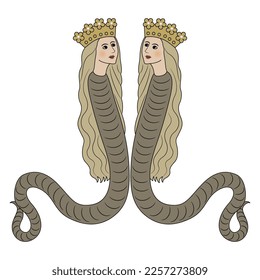 Symmetrical design with two fantastic female snakes in royal crowns. Medieval illuminated manuscript motif. Mythological creature. Lilith or Lamia.