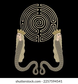 Symmetrical design with two fantastic female snakes in royal crowns supporting a round spiral maze or labyrinth symbol. Medieval illuminated manuscript style. Mythological concept. On black background