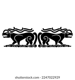 Symmetrical design with two fantastic horned animals with antlers. Ancient Siberian ethnic art. Permian animal style. Black and white silhouette.