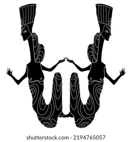 Symmetrical design with two fantastic ladies holding hands. Seated ancient Egyptian women or goddesses wearing royal tiaras. Queen Nefertiti. Black and white negative silhouette.