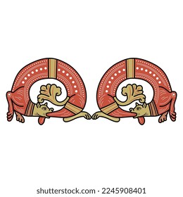 Symmetrical design with two fantastic medieval dragons biting their own tails. Ouroboros. Gothic illuminated manuscript style. Isolated vector illustration. 