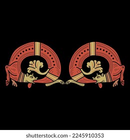 Symmetrical design with two fantastic medieval dragons biting their own tails. Ouroboros. Gothic illuminated manuscript style. On black background.