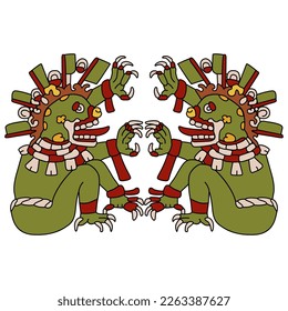 Symmetrical design with two fantastic spooky creatures. Native American ethnic design of Aztec Indians. 