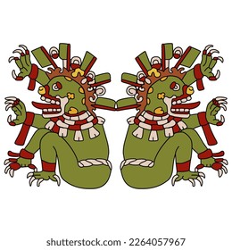 Symmetrical design with two fantastic spooky creatures. Native American ethnic design of Aztec Indians. 
