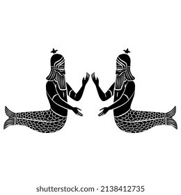 Symmetrical design with two fantastic Sumerican mermen. God Uanna or Oannes. Dagon. Merman. Half man half fish. Babylonian Mesopotamian mythology. Black and white negative silhouette.