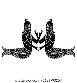 Symmetrical design with two fantastic Sumerican mermen holding hands. God Uanna or Oannes. Dagon. Merman. Half man half fish. Babylonian Mesopotamian mythology. Black and white negative silhouette.