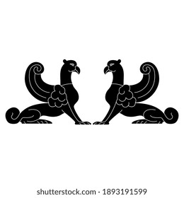 Symmetrical design with two fantastic winged griffins. Black and white silhouette.