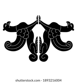 Symmetrical design with two fantastic winged griffins. Black and white silhouette.