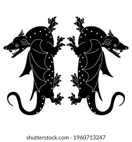 Symmetrical design with two fantastic winged medieval dragons. Black and white silhouette.
