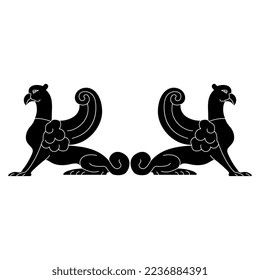 Symmetrical design with two fantastic winged griffins. Black and white silhouette.