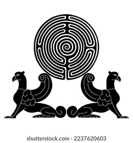 Symmetrical design with two fantastic winged griffins holding a round spiral maze or labyrinth symbol. Creative concept. Enigma of antique culture. Black and white silhouette.