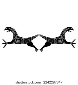 Symmetrical design with two fantastic winged griffins. Medieval Viking motif. Black and white silhouette.