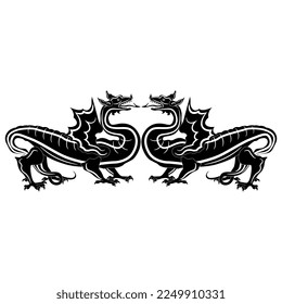 Symmetrical design with two fantastic winged dragons. Black and white silhouette. Isolated vector illustration.