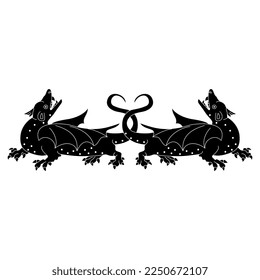 Symmetrical design with two fantastic winged medieval dragons. Black and white silhouette.